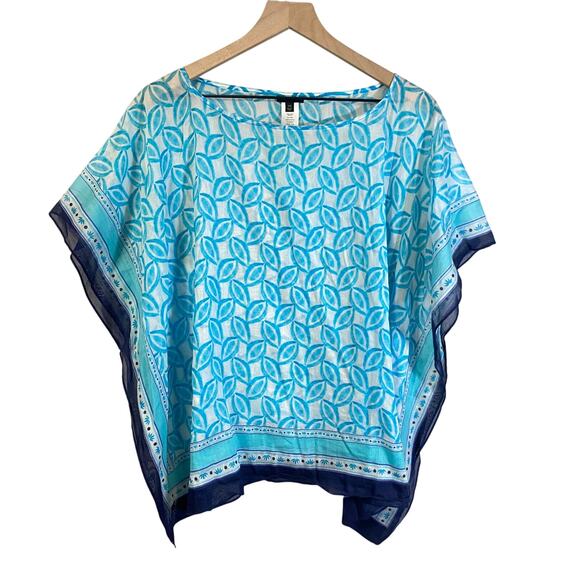 Talbots Silk Blend Lightweight Cover Up Top Leaf Print Turquoise White Sz XS - Picture 1 of 9